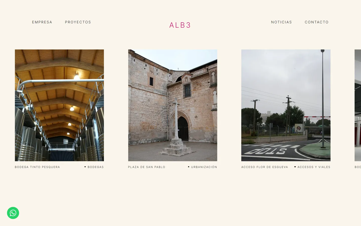 Portada de ALB3: fila de fotos de obras (Bodega Tinto Pesquera, Plaza de San Pablo, Acceso Flor de Esgueva) con su nombre y tipo debajo, sobre fondo crema.
