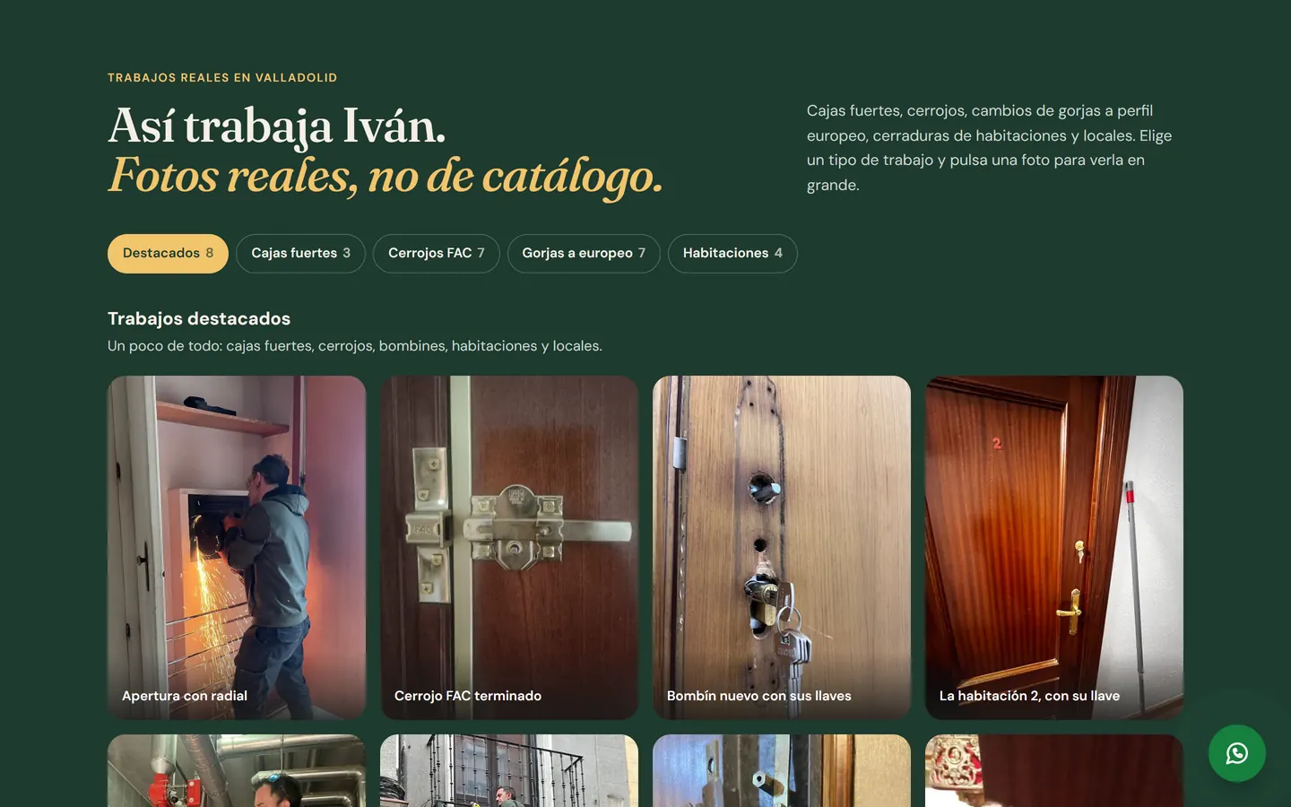 Galería «Así trabaja Iván» sobre fondo verde: pestañas por tipo de trabajo y fotos reales de una apertura con radial, un cerrojo, un bombín nuevo y la puerta de una habitación.