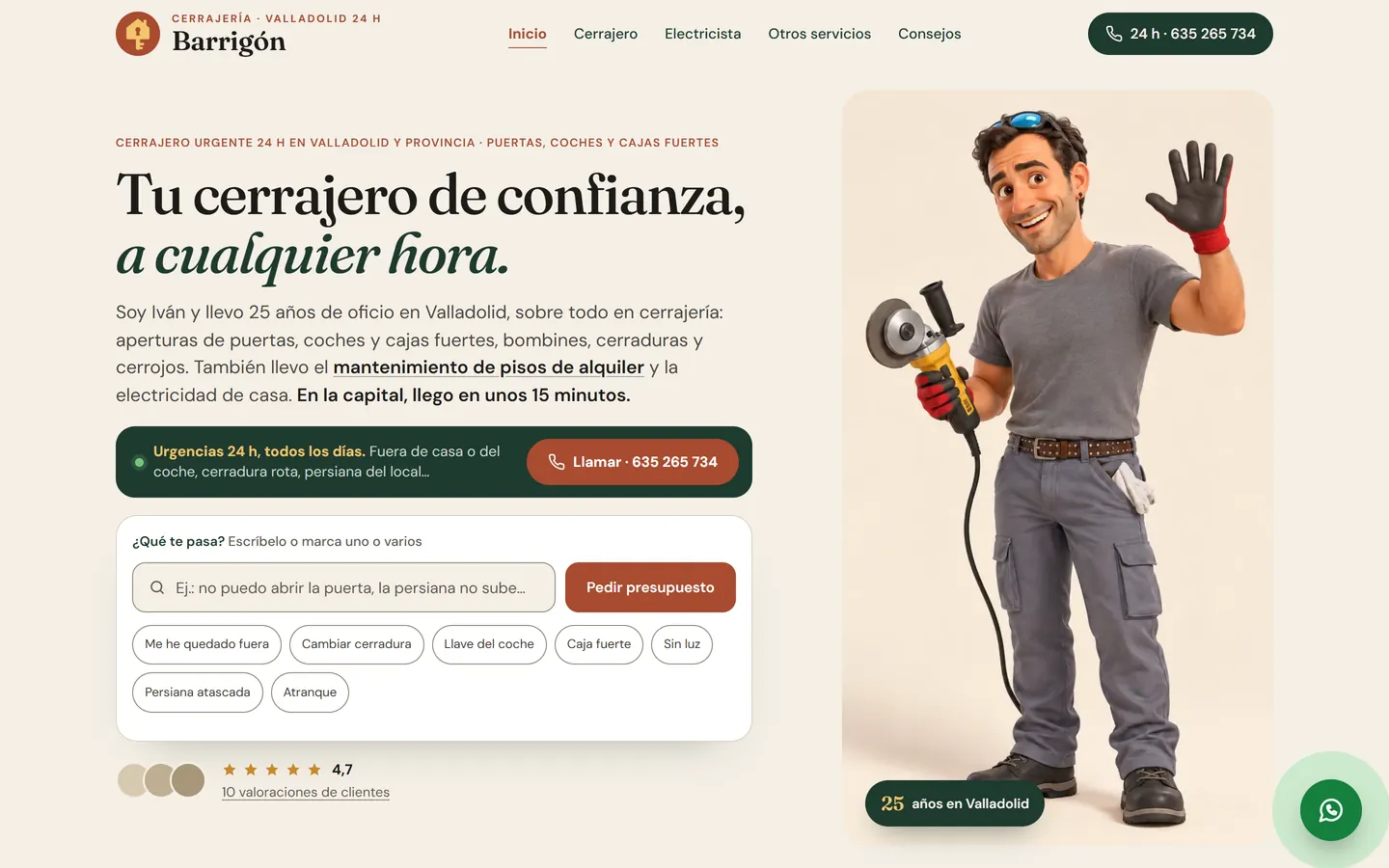 Portada de Cerrajería Barrigón: titular «Tu cerrajero de confianza, a cualquier hora», aviso de urgencias 24 h con el botón de llamar y la ilustración de Iván saludando con una radial en la mano.