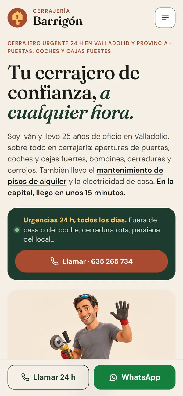 La portada en el móvil, con el aviso de urgencias 24 h y los botones fijos de llamar y WhatsApp abajo.