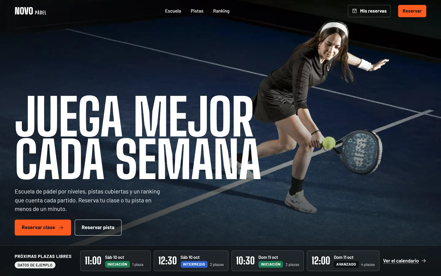 Portada de Novo Pádel: una jugadora golpea de revés sobre pista azul, titular «Juega mejor cada semana» y próximas plazas libres abajo.