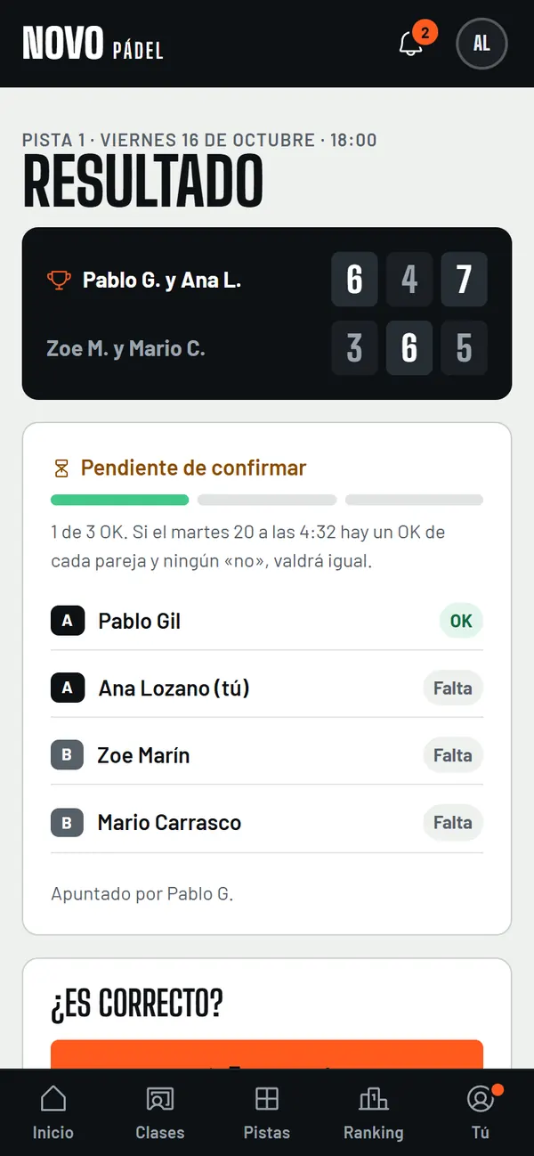 Un resultado pendiente en el móvil: el marcador del partido y los cuatro jugadores, con quién ha dado ya el OK y quién falta.